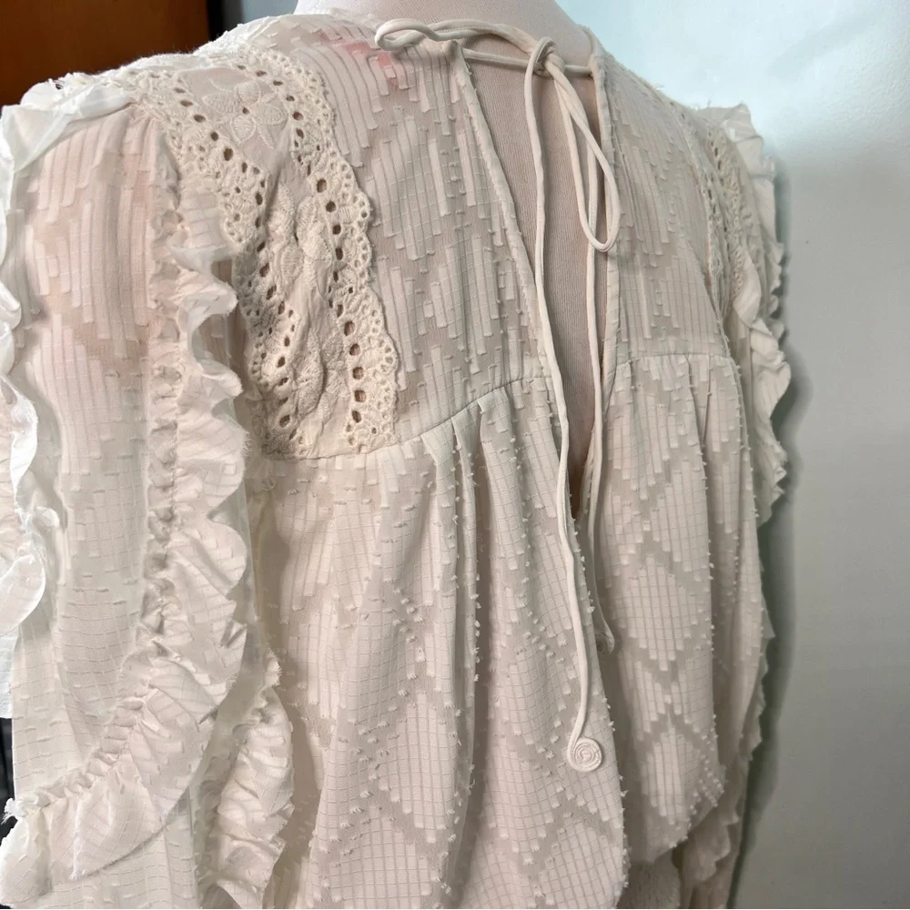 Anthropologie Not So Serious Donna Lace Boho Blouse White Ruffle Top | Size M